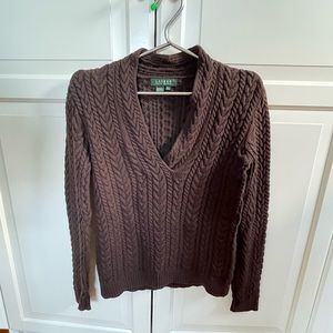 Ralph Lauren heavy dark brown soft cotton cableknit v-neck sweater, size S.